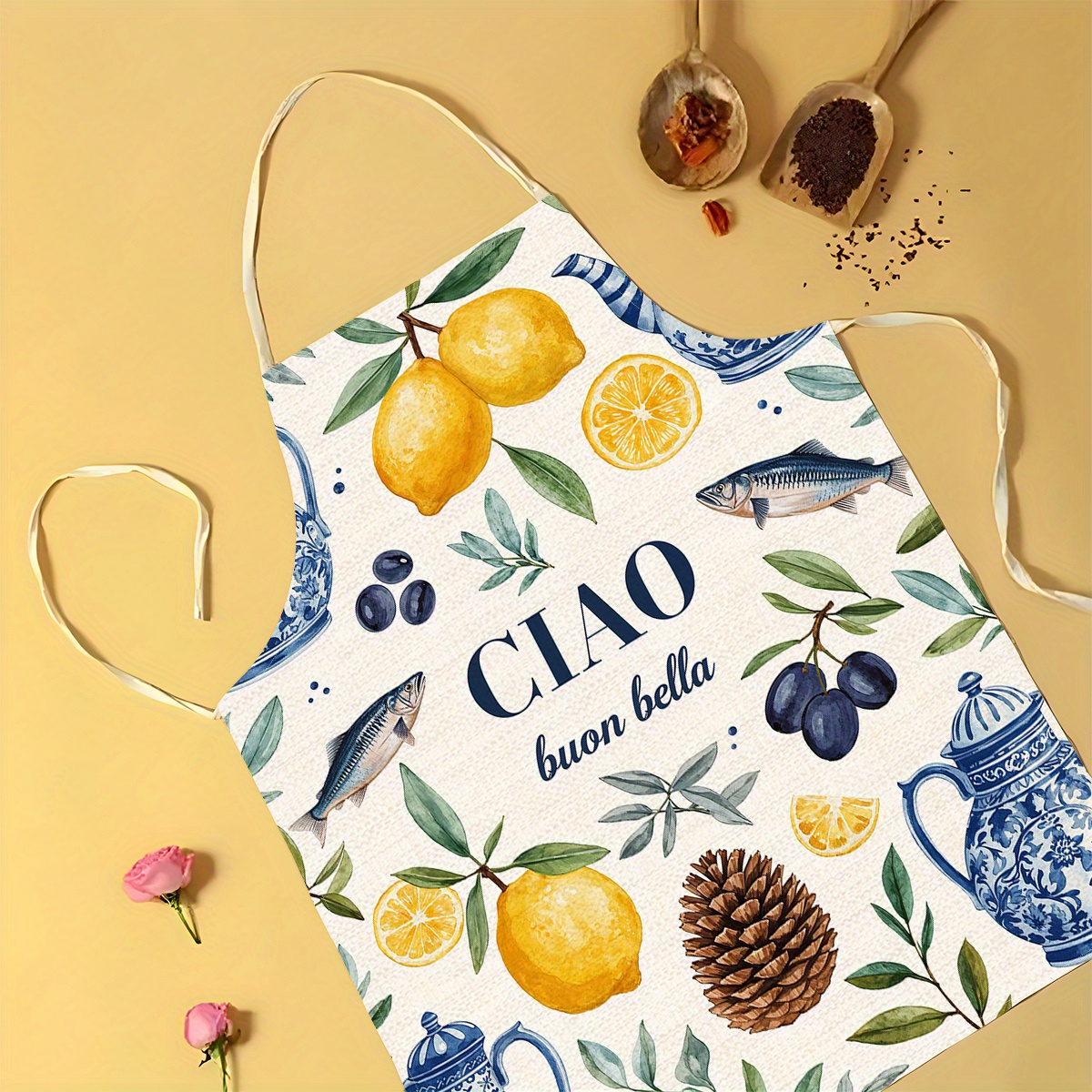 1pc 2D Flat Linen Apron Ciao B - Home Cooking In Italian ulasan dan harga