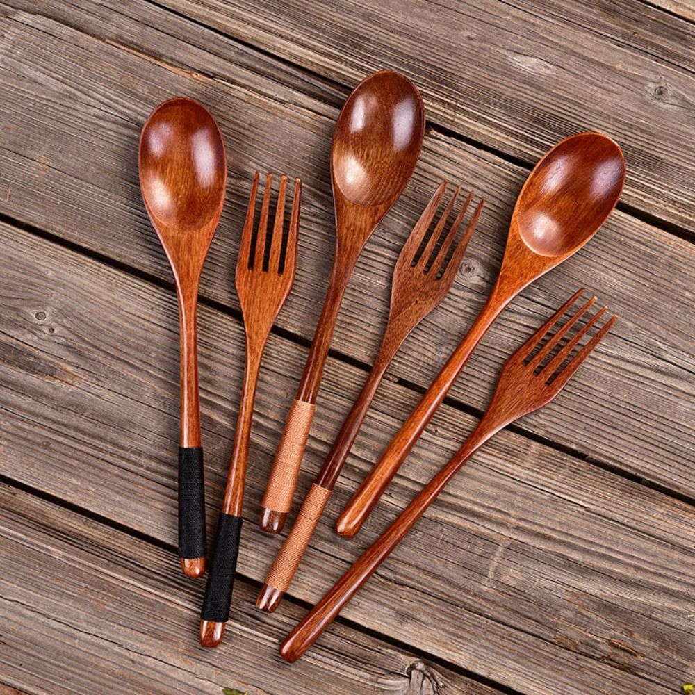 Natural Wooden Spoon Fork Dinn - Home Cooking Set ulasan dan harga